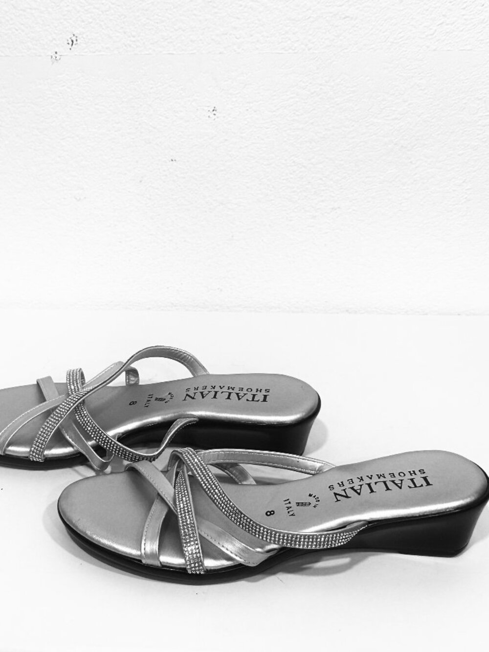 Italian Shoemakers Metallic Silver Rhinestone Strappy Wedge Sandals